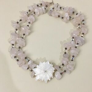 Vintage Double Strand Rose Quartz Mother of Pearl  Sterling Pendant Necklace